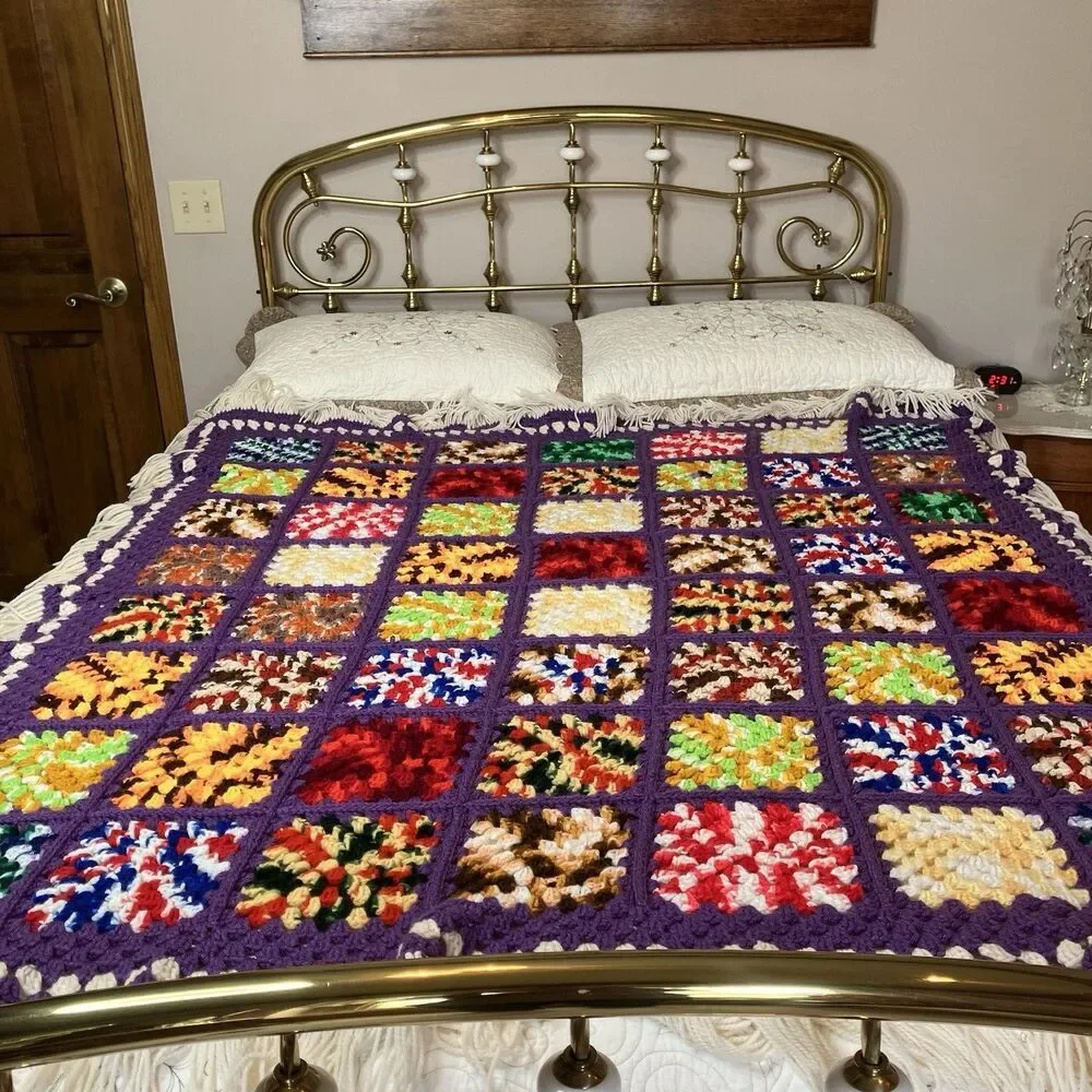 Vtg Granny Square Handmade Crochet Afghan Blanket Multicolor 51x60 Fringe